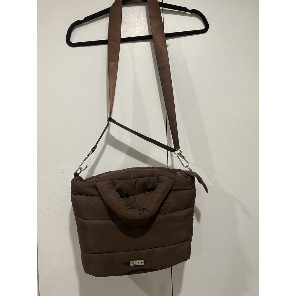 Wilo The Label Puffer Tote Bag Brown Detachable Strap Zip Top Polyester 14x9x5
